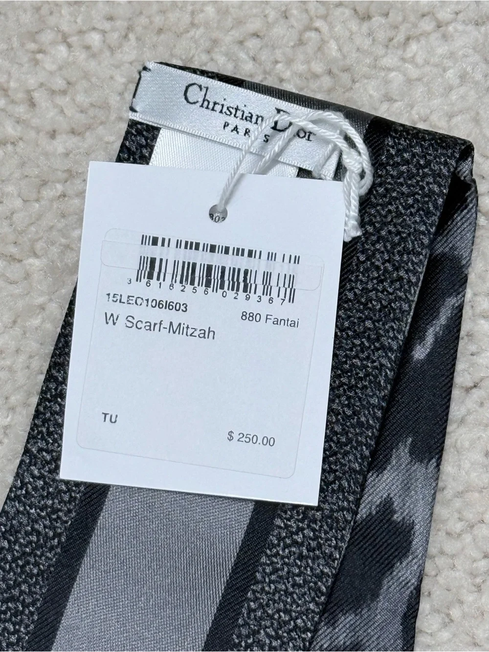 Dior Black and Gray Leopard-Print Twilly Scarf
